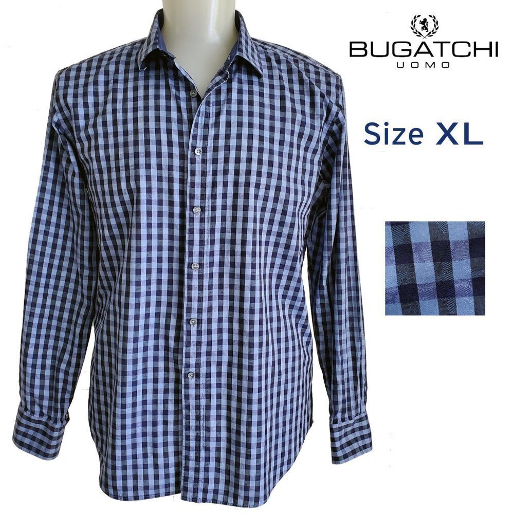Bugatchi Blue and Black Checkered Casual Button Down Shirt